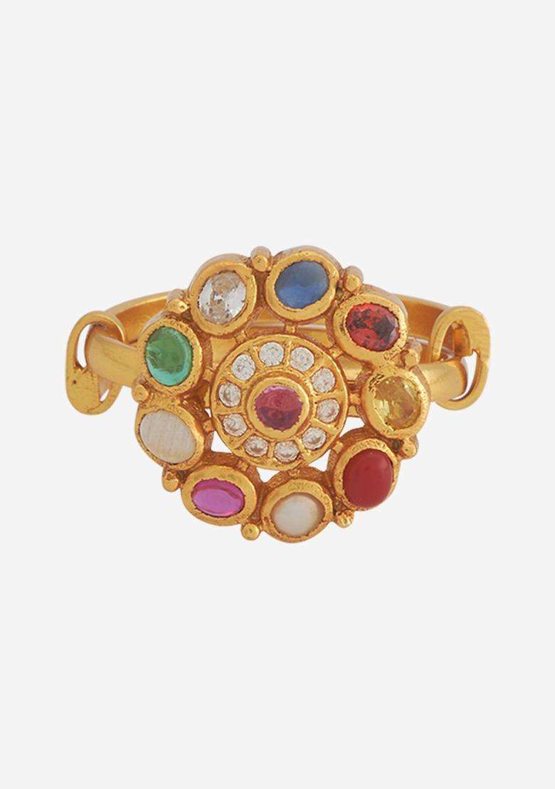 Navaratna Gold-Plated Artificial Stones Studded Finger Ring with CZ Stone for Women | Traditional Temple Jewellery for Wedding & Festive Wear | Gift for Her - Indya
