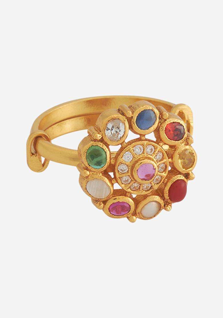 Navaratna Gold-Plated Artificial Stones Studded Finger Ring with CZ Stone for Women | Traditional Temple Jewellery for Wedding & Festive Wear | Gift for Her - Indya