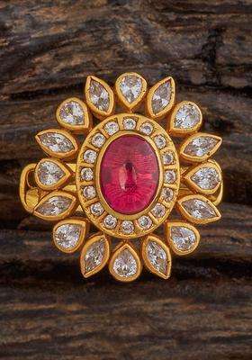 92.5 Pure Silver Gold-Plated Stone-Studded Temple Finger Ring for Women | Traditional Temple Jewellery for Wedding & Festive Wear | Gift for Her