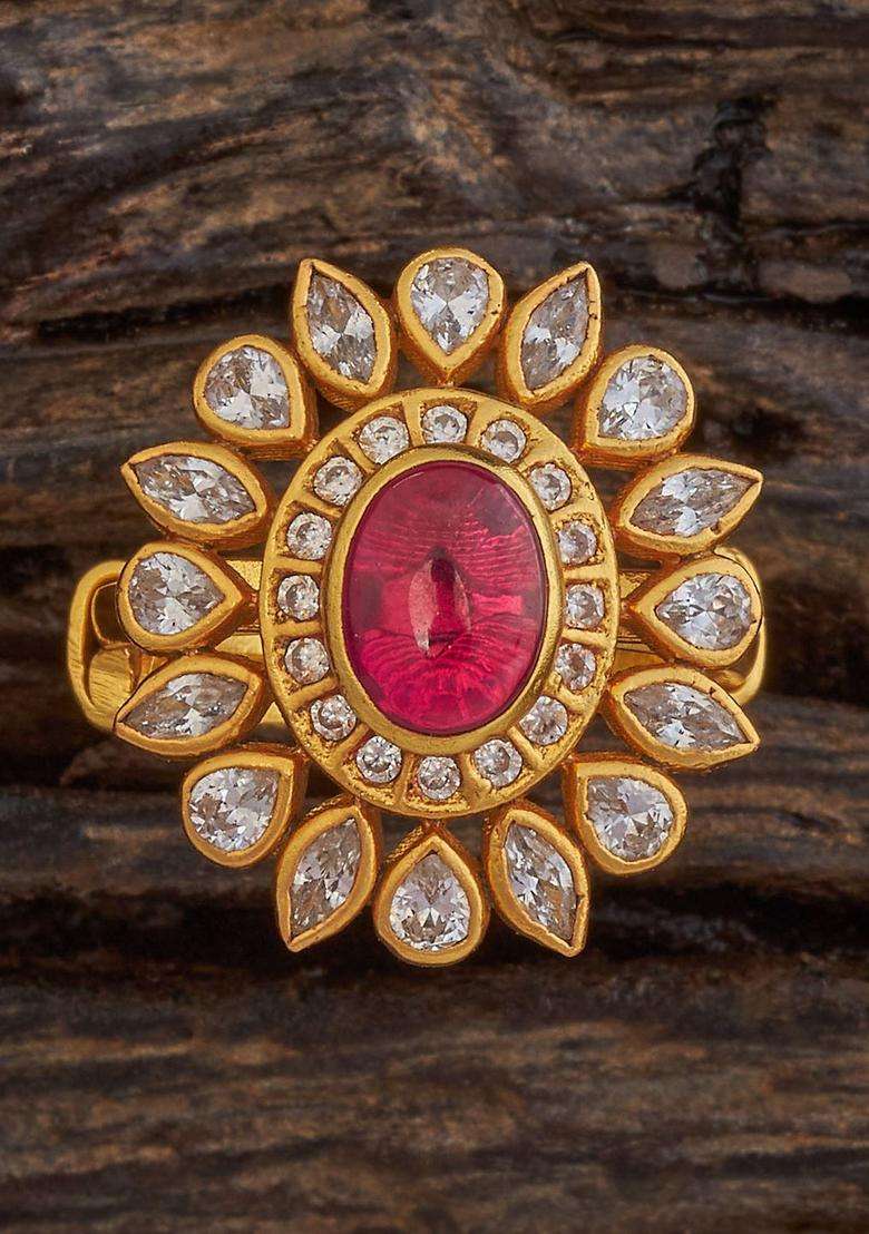 92.5 Pure Silver Gold-Plated Stone-Studded Temple Finger Ring for Women | Traditional Temple Jewellery for Wedding & Festive Wear | Gift for Her - Indya