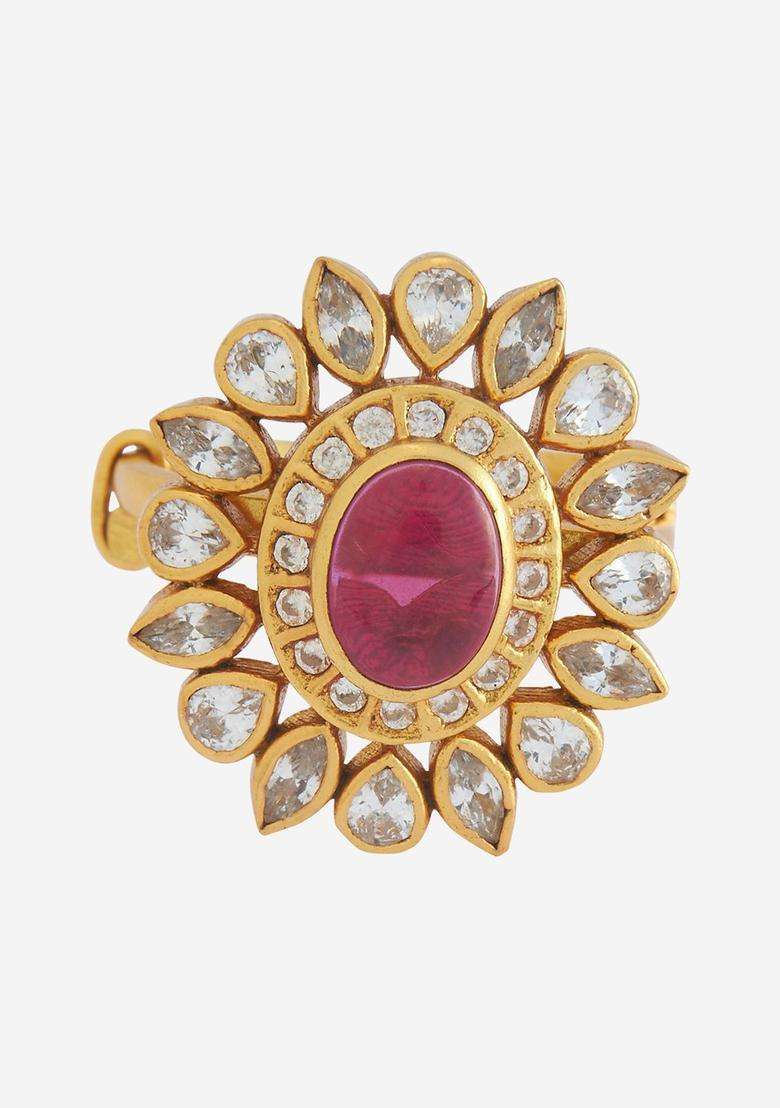 92.5 Pure Silver Gold-Plated Stone-Studded Temple Finger Ring for Women | Traditional Temple Jewellery for Wedding & Festive Wear | Gift for Her - Indya