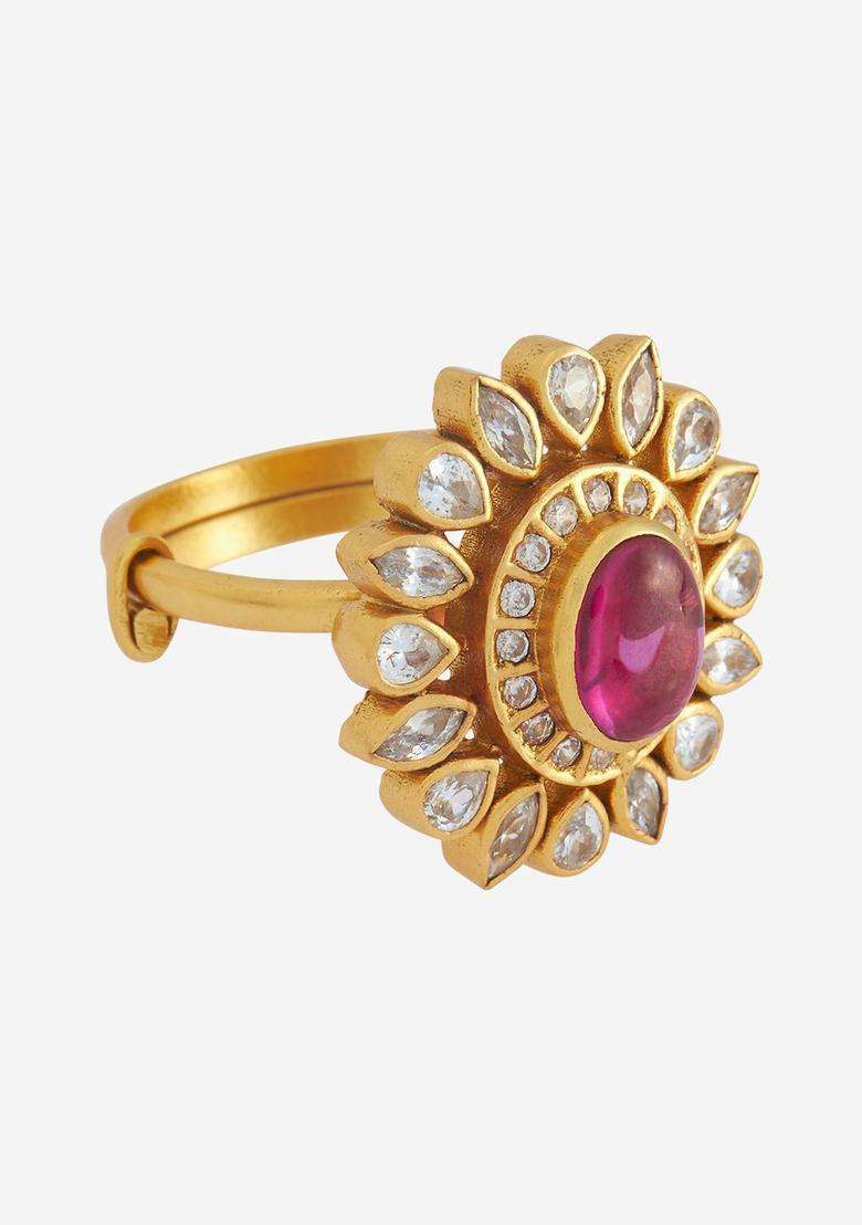 92.5 Pure Silver Gold-Plated Stone-Studded Temple Finger Ring for Women | Traditional Temple Jewellery for Wedding & Festive Wear | Gift for Her - Indya