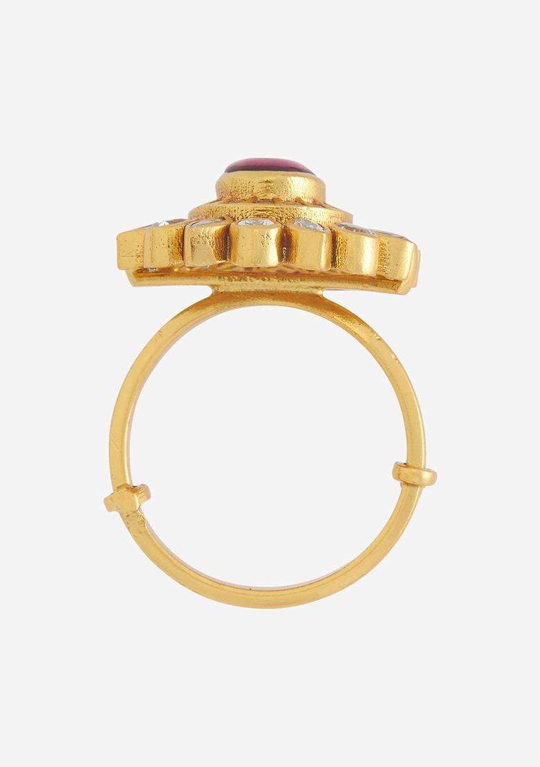 92.5 Pure Silver Gold-Plated Stone-Studded Temple Finger Ring for Women | Traditional Temple Jewellery for Wedding & Festive Wear | Gift for Her - Indya