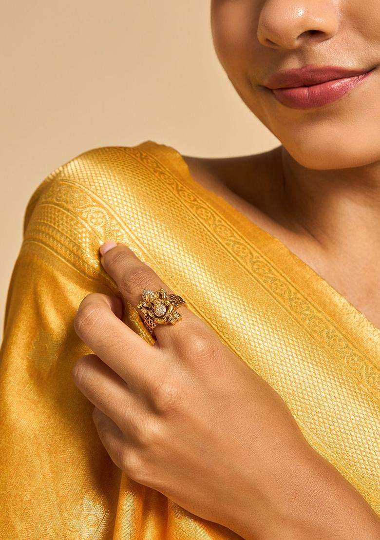 92.5 Pure Silver Gold-Plated Stone Studded Temple Finger Ring for Women | Traditional Temple Jewellery for Wedding & Festive Wear | Gift for Her - Indya