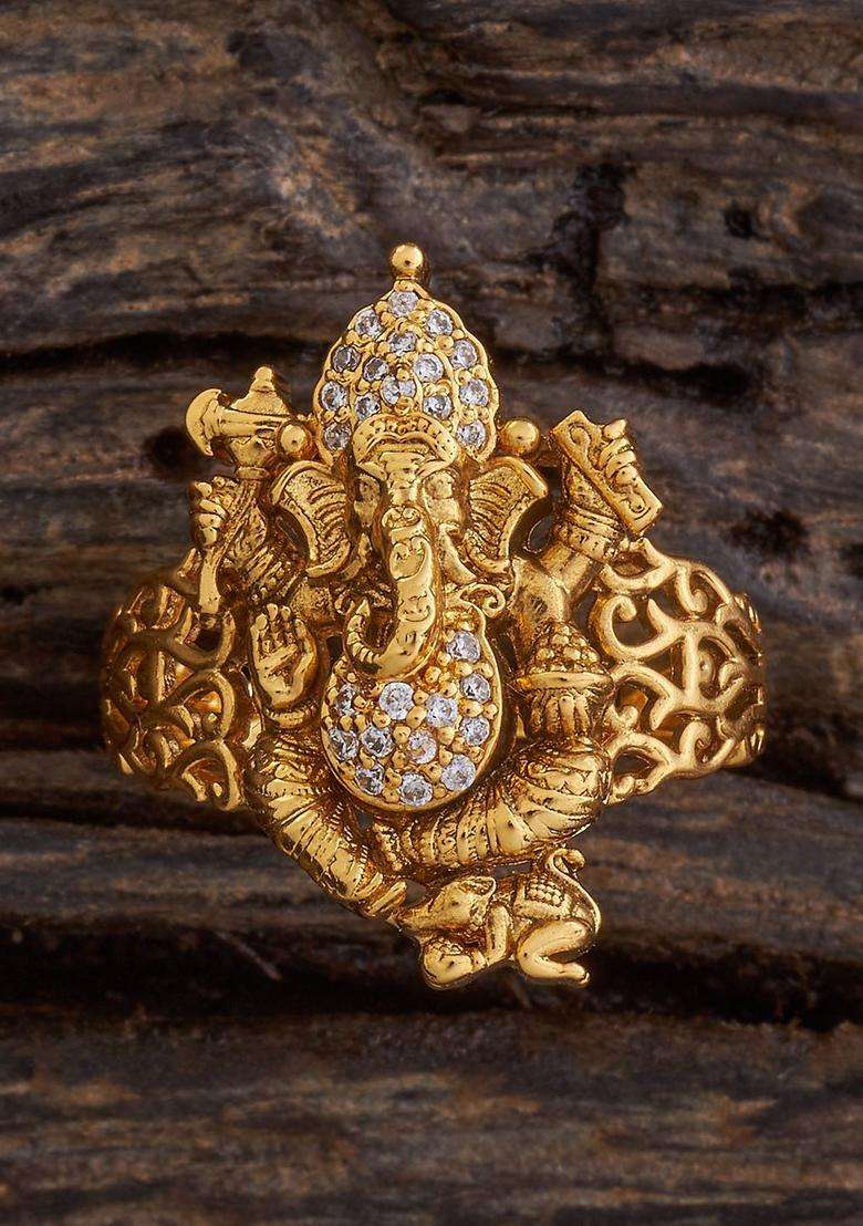92.5 Pure Silver Gold-Plated Stone Studded Temple Finger Ring for Women | Traditional Temple Jewellery for Wedding & Festive Wear | Gift for Her - Indya