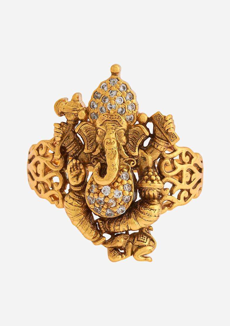 92.5 Pure Silver Gold-Plated Stone Studded Temple Finger Ring for Women | Traditional Temple Jewellery for Wedding & Festive Wear | Gift for Her - Indya