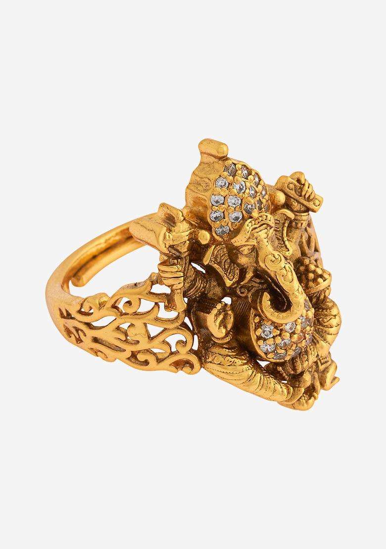 92.5 Pure Silver Gold-Plated Stone Studded Temple Finger Ring for Women | Traditional Temple Jewellery for Wedding & Festive Wear | Gift for Her - Indya