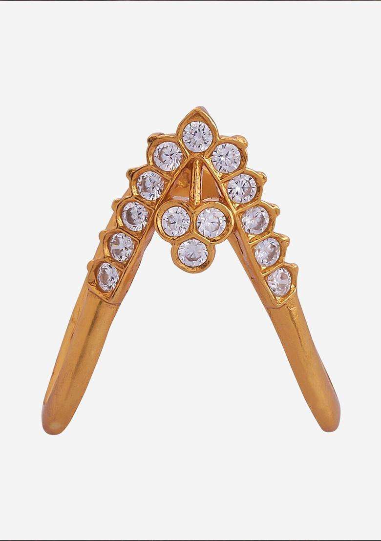 Embellished Bridal 92.5 Silver Gold-Plated Stones Studded Ring for Women | Traditional Temple Jewellery for Wedding & Festive Wear | Gift for Her - Indya