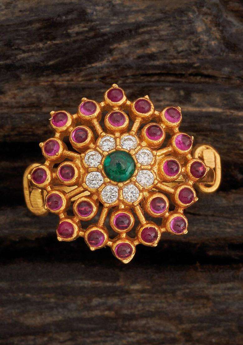 Gold-Plated 92.5 Pure Silver Stone-Studded Adjustable Finger Ring for Women | Traditional Temple Jewellery for Wedding & Festive Wear | Gift for Her - Indya