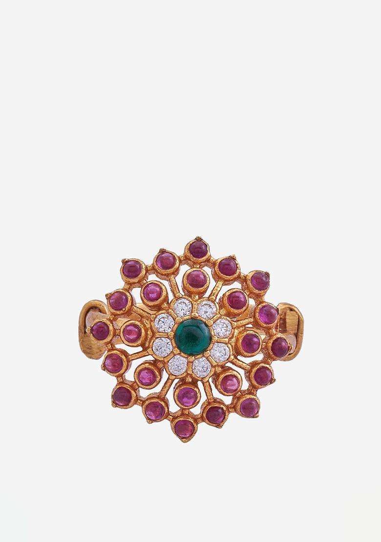 Gold-Plated 92.5 Pure Silver Stone-Studded Adjustable Finger Ring for Women | Traditional Temple Jewellery for Wedding & Festive Wear | Gift for Her - Indya