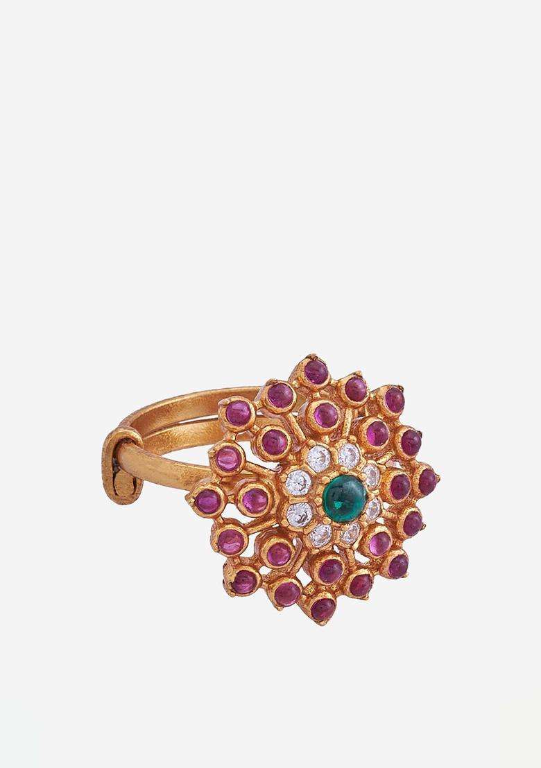 Gold-Plated 92.5 Pure Silver Stone-Studded Adjustable Finger Ring for Women | Traditional Temple Jewellery for Wedding & Festive Wear | Gift for Her - Indya