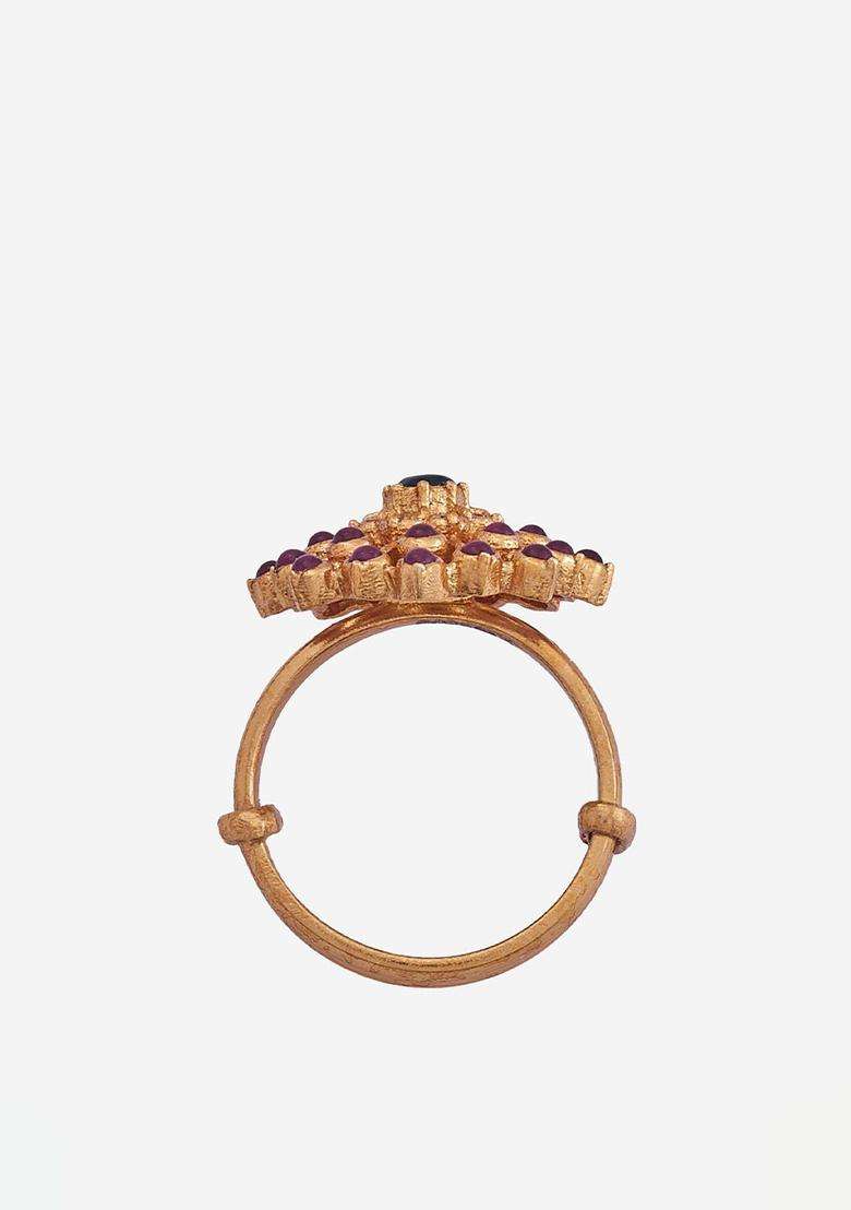 Gold-Plated 92.5 Pure Silver Stone-Studded Adjustable Finger Ring for Women | Traditional Temple Jewellery for Wedding & Festive Wear | Gift for Her - Indya