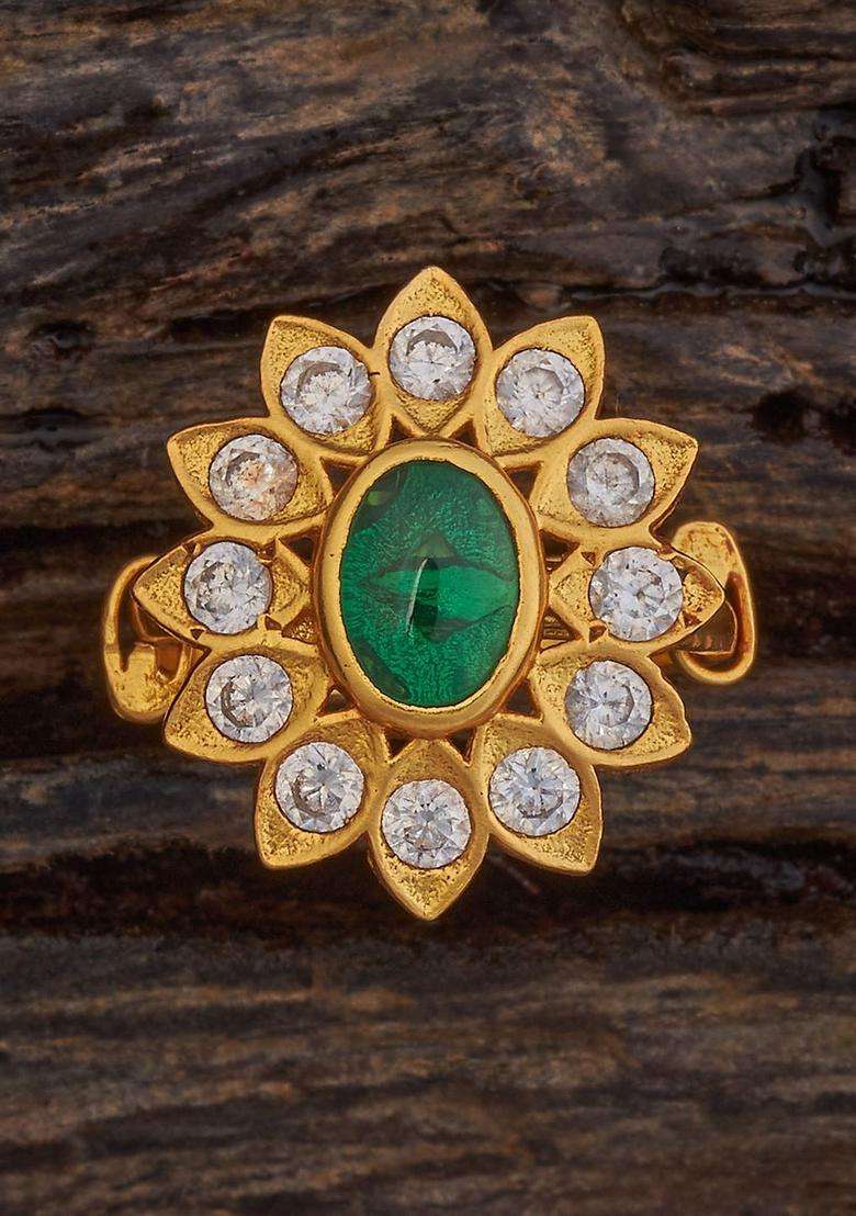 92.5 Pure Silver Gold-Plated Stones Studded Finger Ring for Women | Traditional Temple Jewellery for Wedding & Festive Wear | Gift for Her - Indya