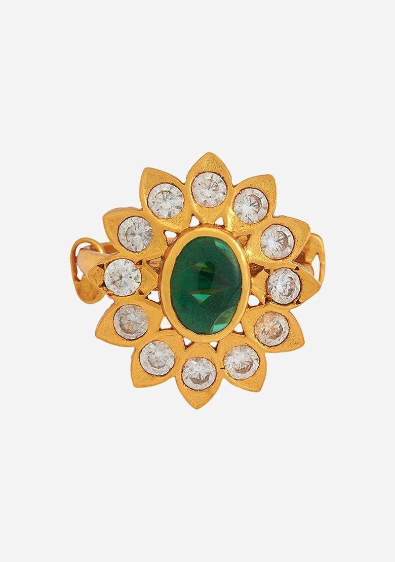 92.5 Pure Silver Gold-Plated Stones Studded Finger Ring for Women | Traditional Temple Jewellery for Wedding & Festive Wear | Gift for Her - Indya