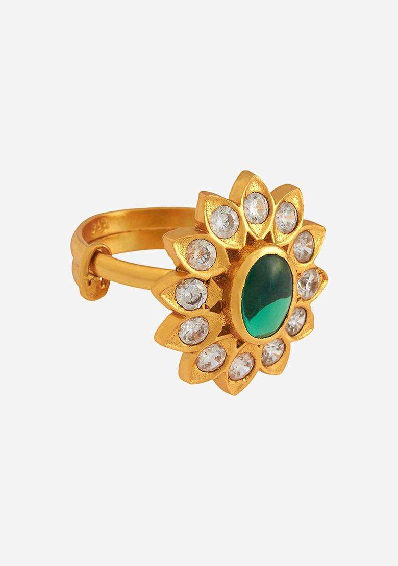 92.5 Pure Silver Gold-Plated Stones Studded Finger Ring for Women | Traditional Temple Jewellery for Wedding & Festive Wear | Gift for Her - Indya