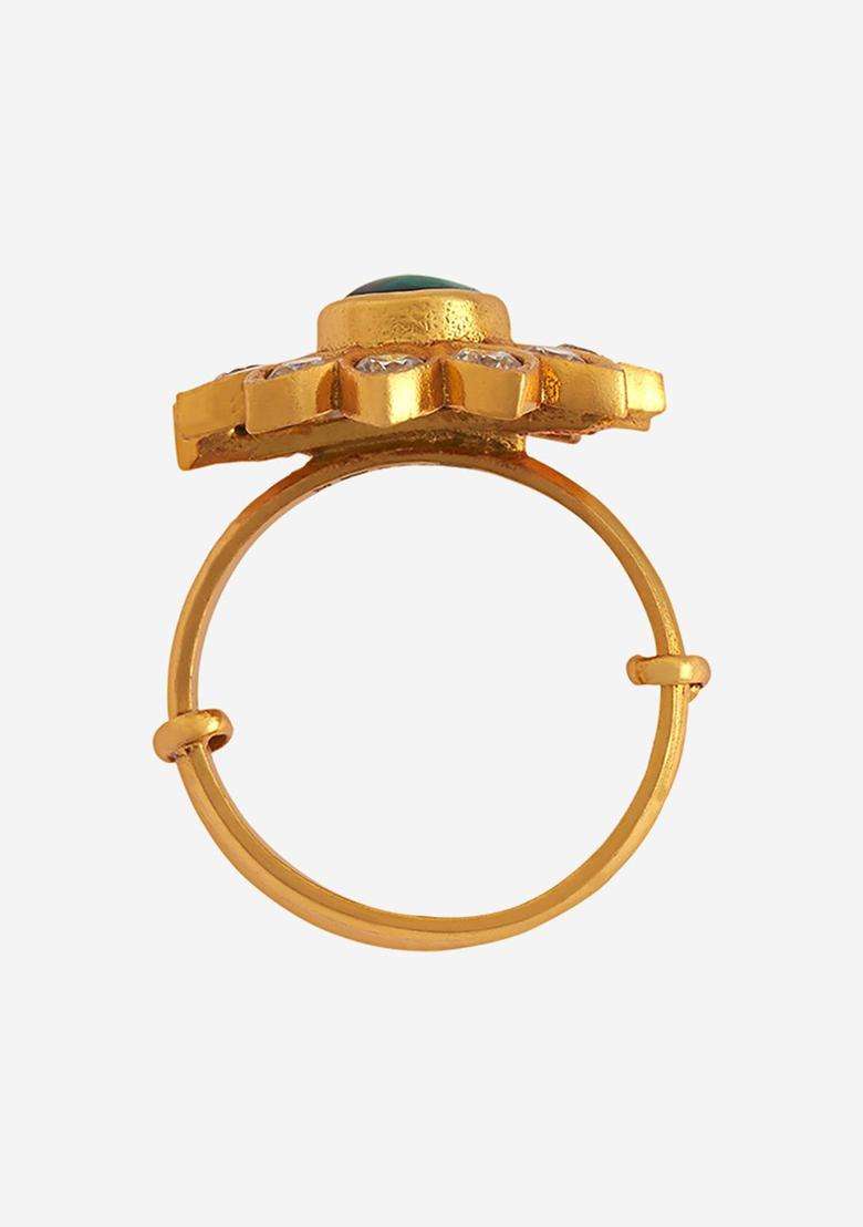 92.5 Pure Silver Gold-Plated Stones Studded Finger Ring for Women | Traditional Temple Jewellery for Wedding & Festive Wear | Gift for Her - Indya
