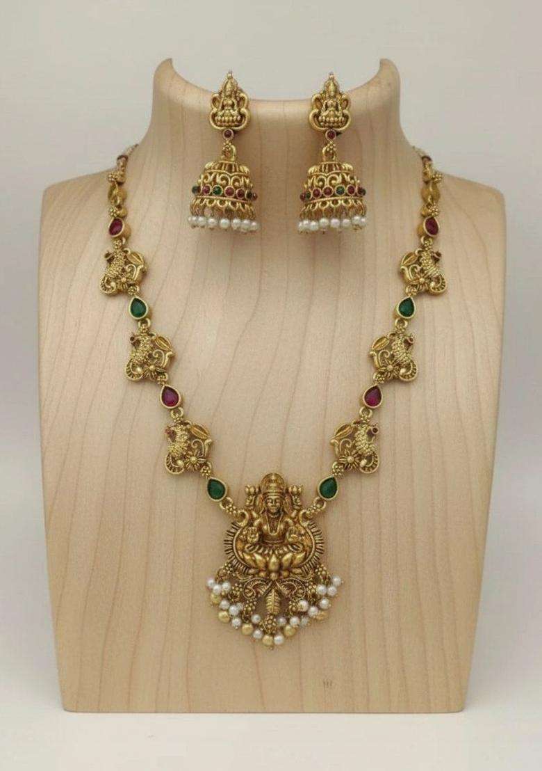 Gold-Plated Artificial Stones Studded and Beads Beaded Jewellery Set for Women | Traditional Temple Jewellery for Wedding & Festive Wear | Gift for Her - Indya