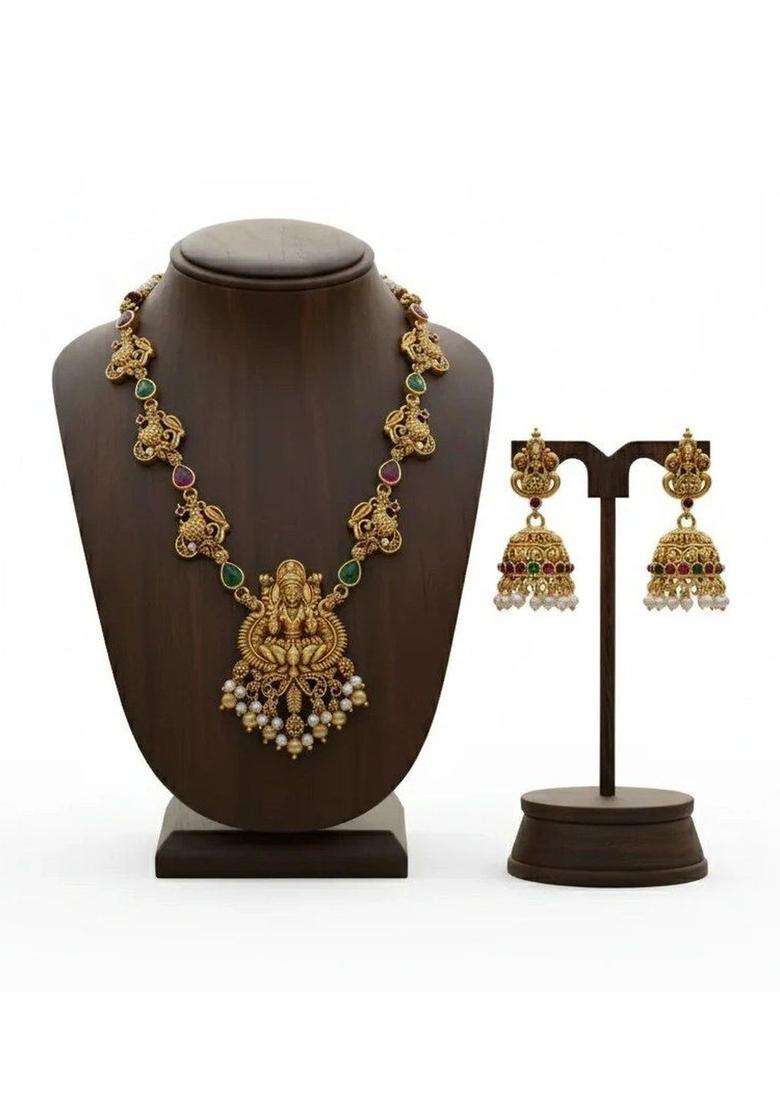 Gold-Plated Artificial Stones Studded and Beads Beaded Jewellery Set for Women | Traditional Temple Jewellery for Wedding & Festive Wear | Gift for Her - Indya