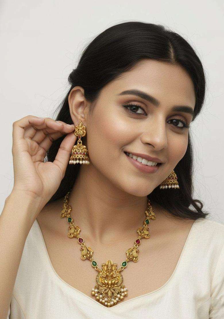Gold-Plated Artificial Stones Studded and Beads Beaded Jewellery Set for Women | Traditional Temple Jewellery for Wedding & Festive Wear | Gift for Her - Indya