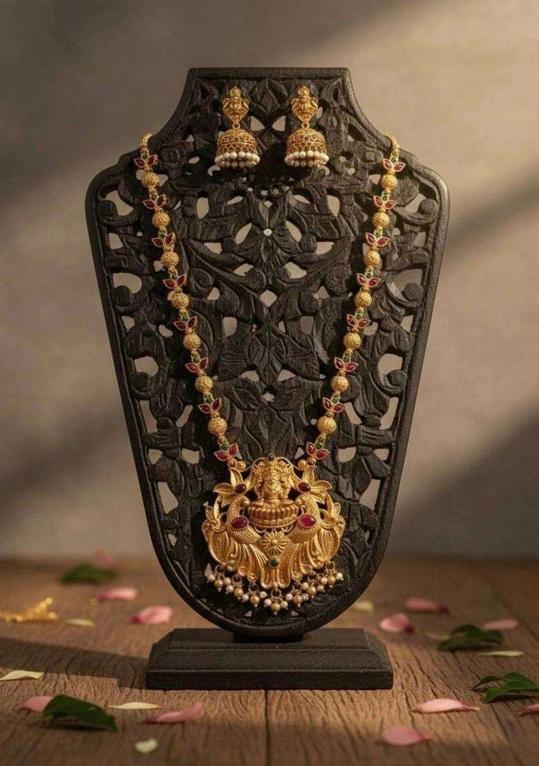 Gold-Plated Artificial Stones Studded and Beads Beaded Jewellery Set for Women | Traditional Temple Jewellery for Wedding & Festive Wear | Gift for Her - Indya