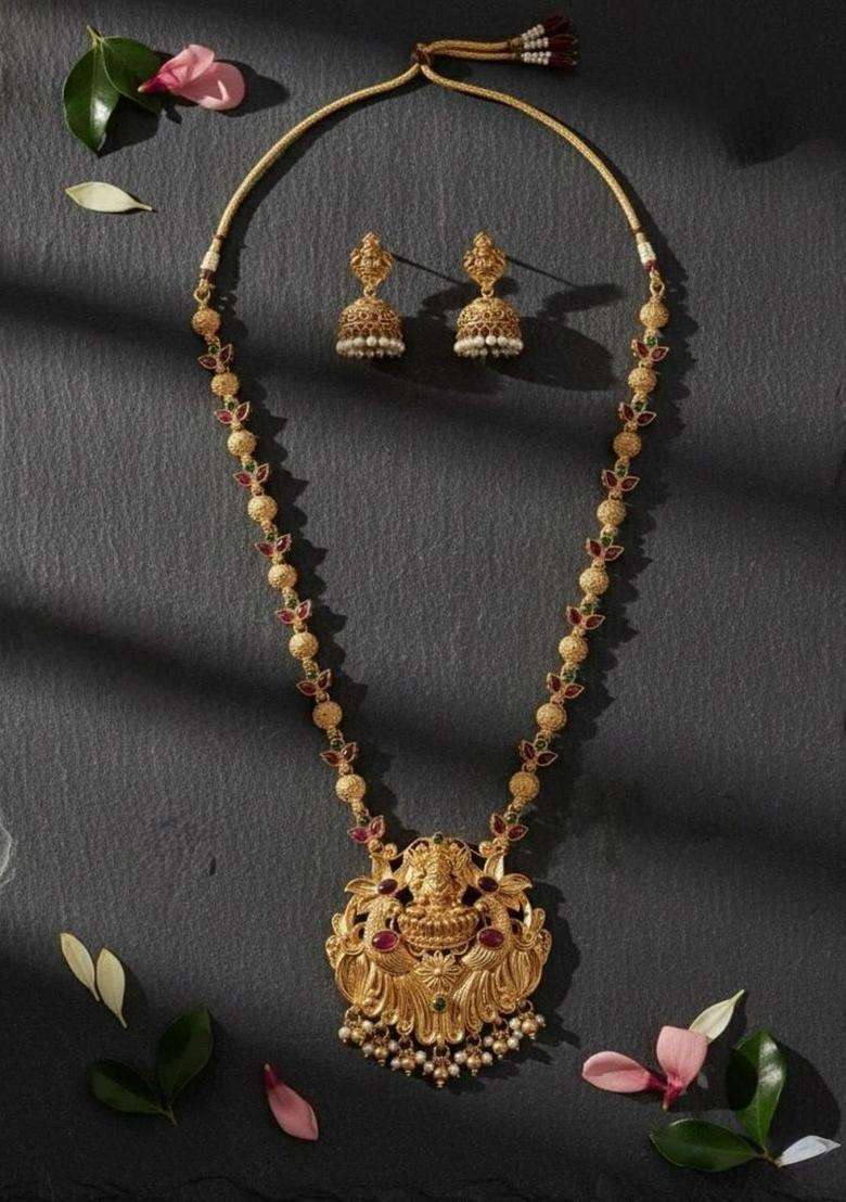 Gold-Plated Artificial Stones Studded and Beads Beaded Jewellery Set for Women | Traditional Temple Jewellery for Wedding & Festive Wear | Gift for Her - Indya