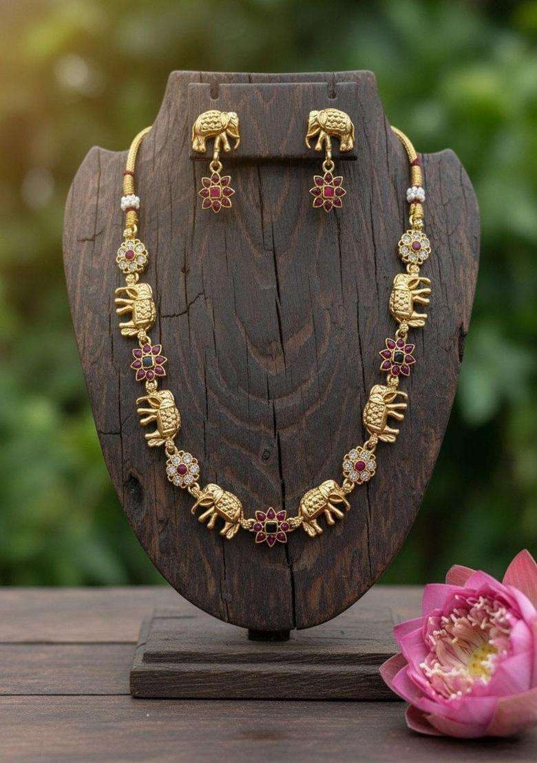 Gold-Plated Artificial Stones Studded and Beads Beaded Jewellery Set for Women | Traditional Temple Jewellery for Wedding & Festive Wear | Gift for Her - Indya