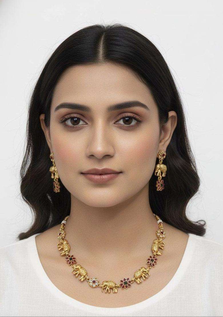 Gold-Plated Artificial Stones Studded and Beads Beaded Jewellery Set for Women | Traditional Temple Jewellery for Wedding & Festive Wear | Gift for Her - Indya