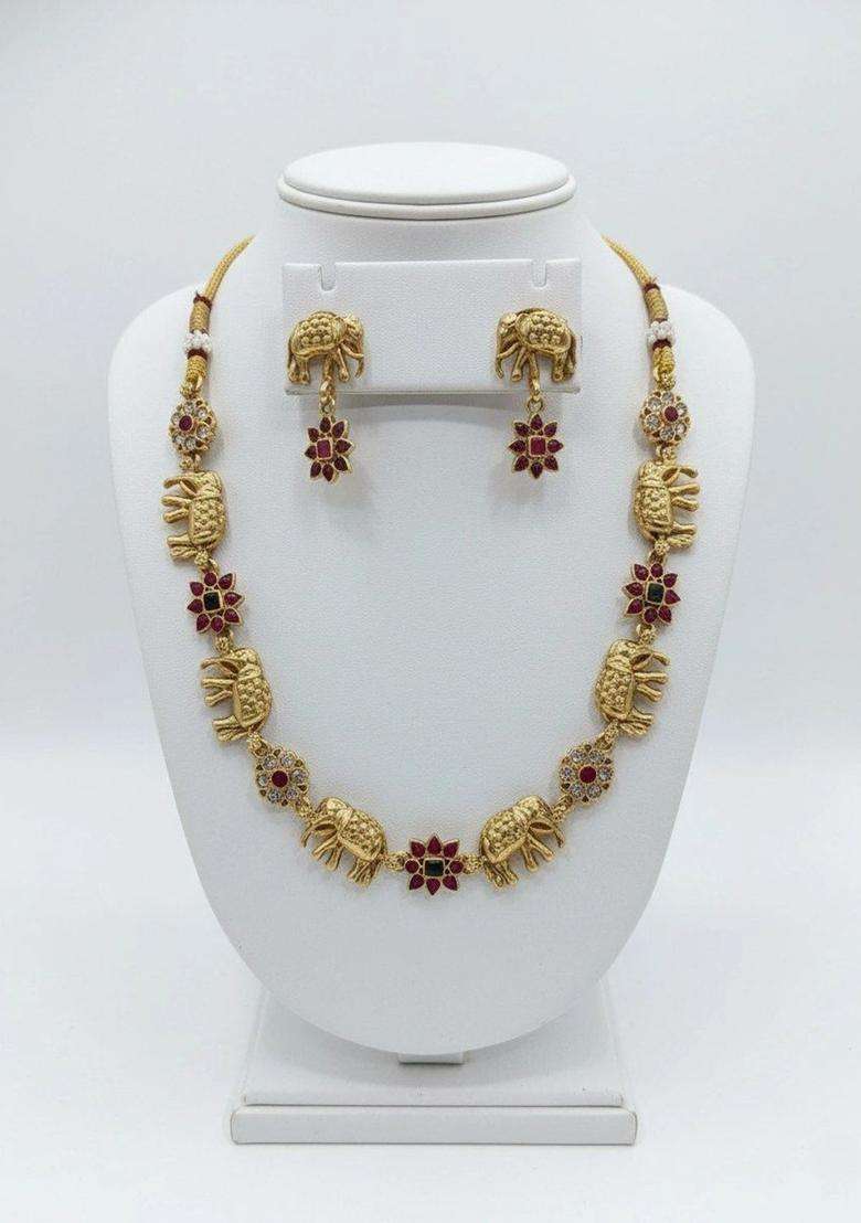 Gold-Plated Artificial Stones Studded and Beads Beaded Jewellery Set for Women | Traditional Temple Jewellery for Wedding & Festive Wear | Gift for Her - Indya