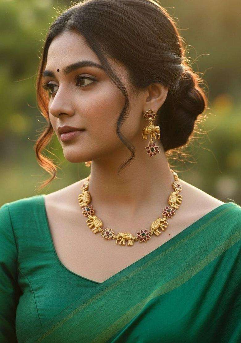 Gold-Plated Artificial Stones Studded and Beads Beaded Jewellery Set for Women | Traditional Temple Jewellery for Wedding & Festive Wear | Gift for Her - Indya