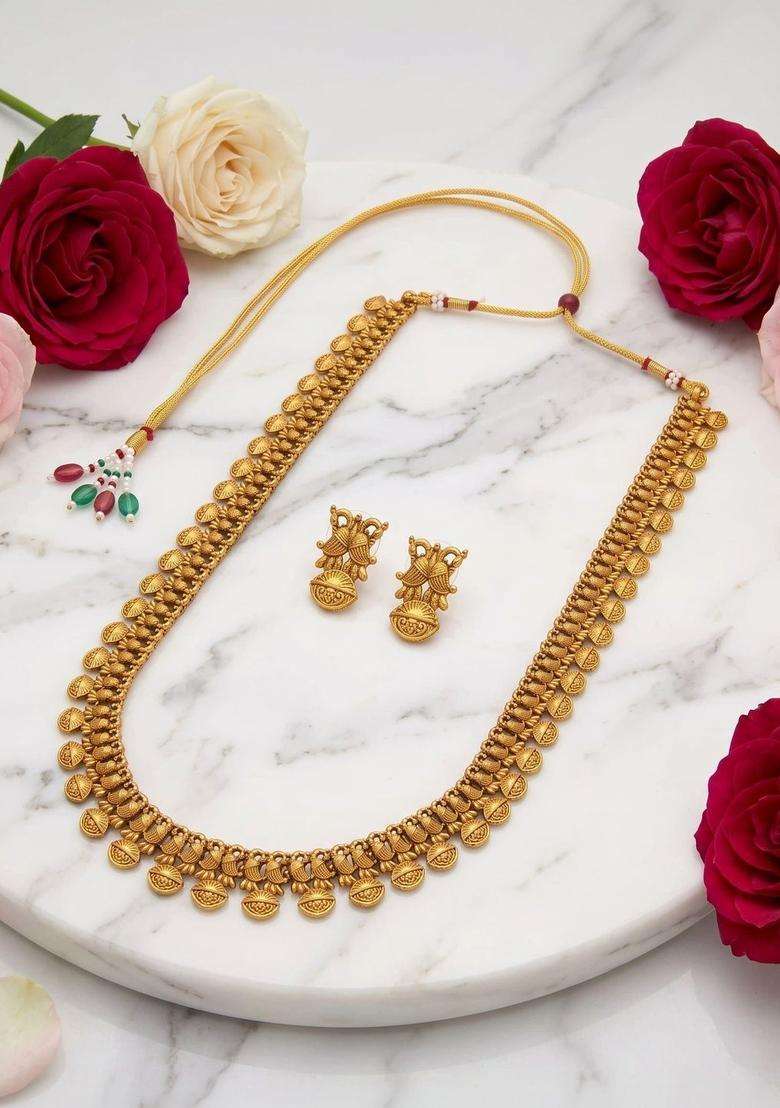 Gold-Plated Temple Beaded Necklace and Earrings Jewellery Set for Women | Traditional Temple Jewellery for Wedding & Festive Wear | Gift for Her - Indya
