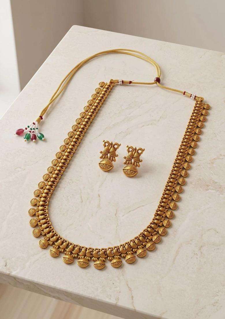 Gold-Plated Temple Beaded Necklace and Earrings Jewellery Set for Women | Traditional Temple Jewellery for Wedding & Festive Wear | Gift for Her - Indya