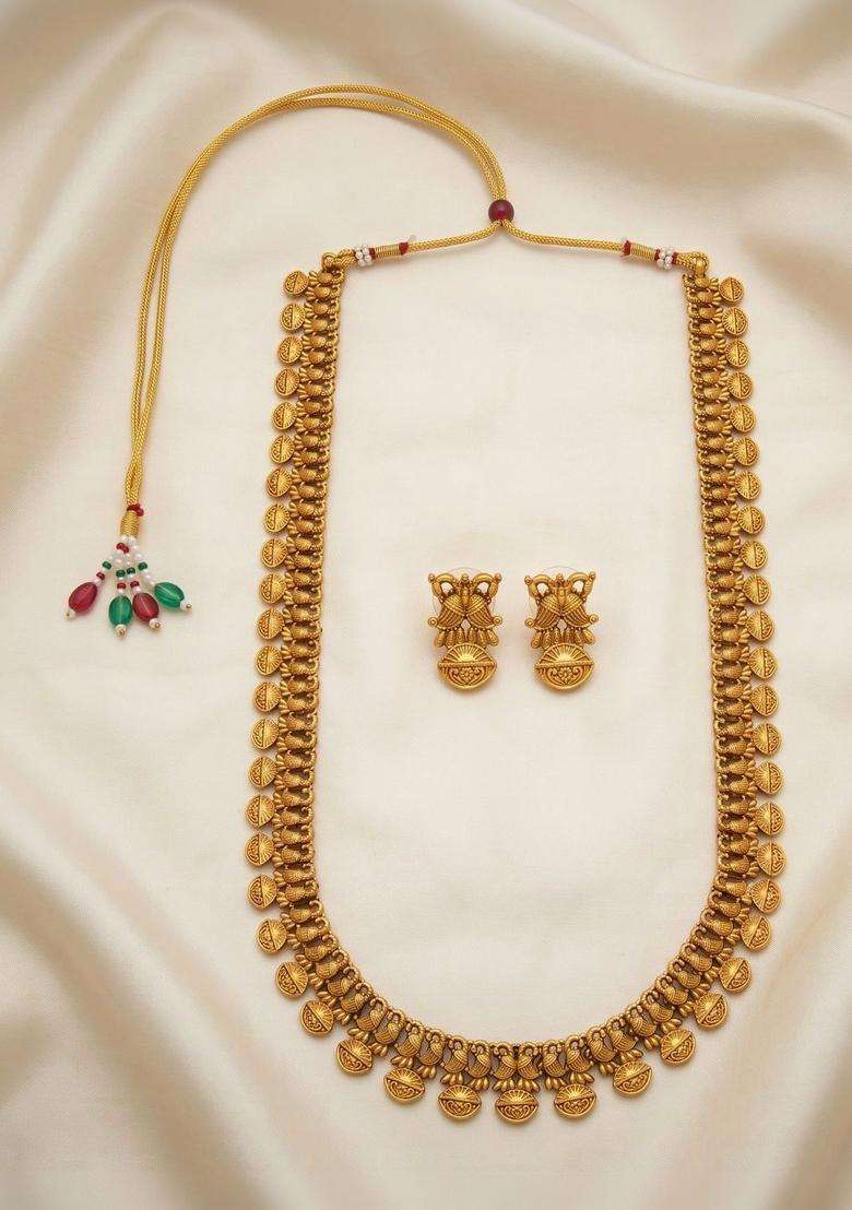 Gold-Plated Temple Beaded Necklace and Earrings Jewellley Set for Women | Traditional Temple Jewellery for Wedding & Festive Wear | Gift for Her - Indya