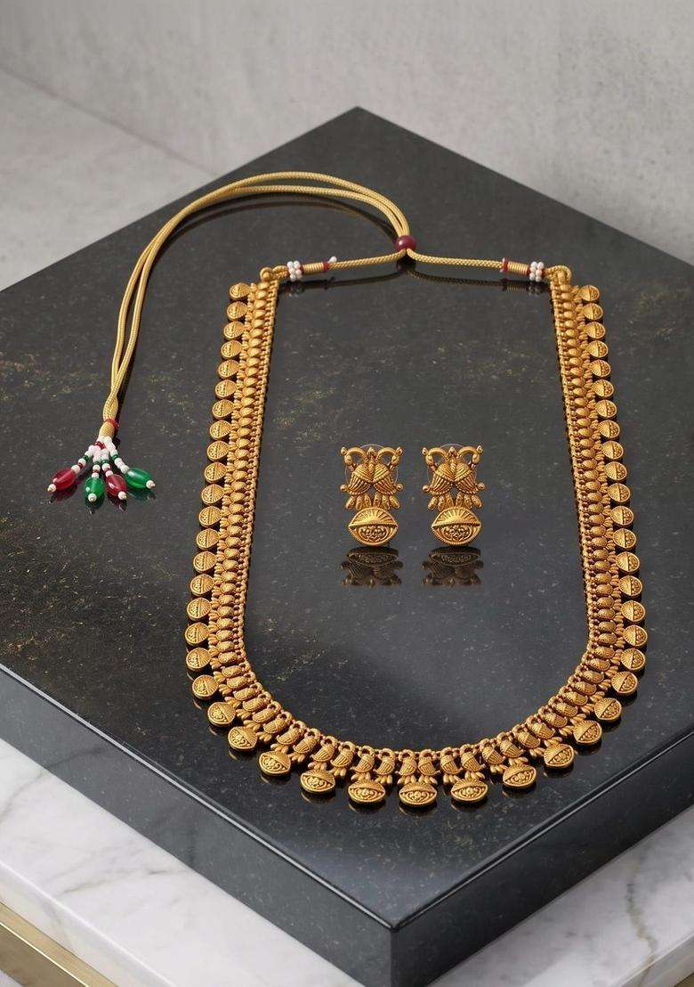 Gold-Plated Temple Beaded Necklace and Earrings Jewellley Set for Women | Traditional Temple Jewellery for Wedding & Festive Wear | Gift for Her - Indya