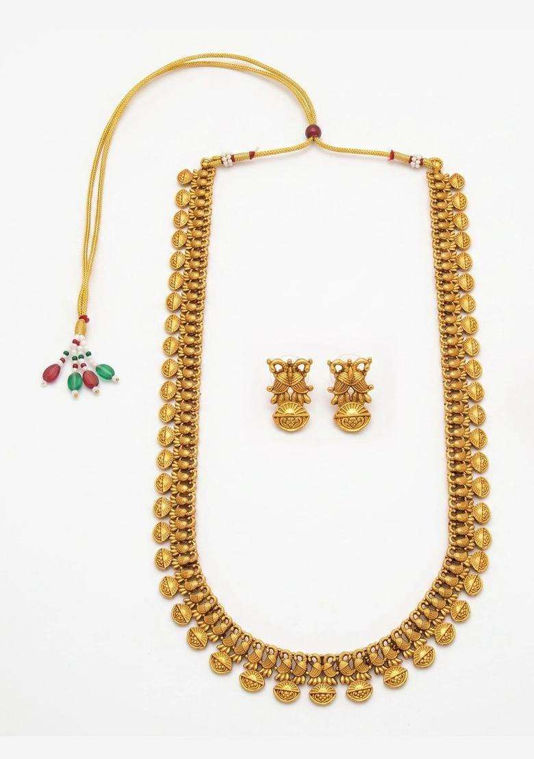 Gold-Plated Temple Beaded Necklace and Earrings Jewellery Set for Women | Traditional Temple Jewellery for Wedding & Festive Wear | Gift for Her - Indya