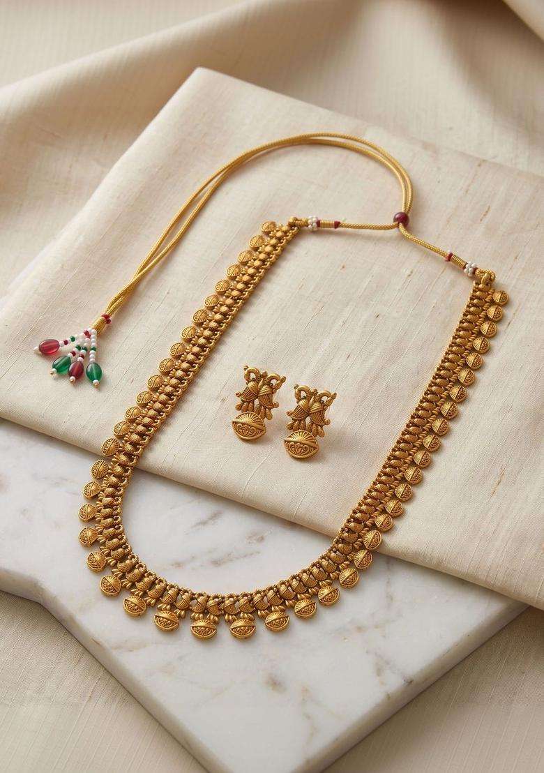 Gold-Plated Temple Beaded Necklace and Earrings Jewellery Set for Women | Traditional Temple Jewellery for Wedding & Festive Wear | Gift for Her - Indya