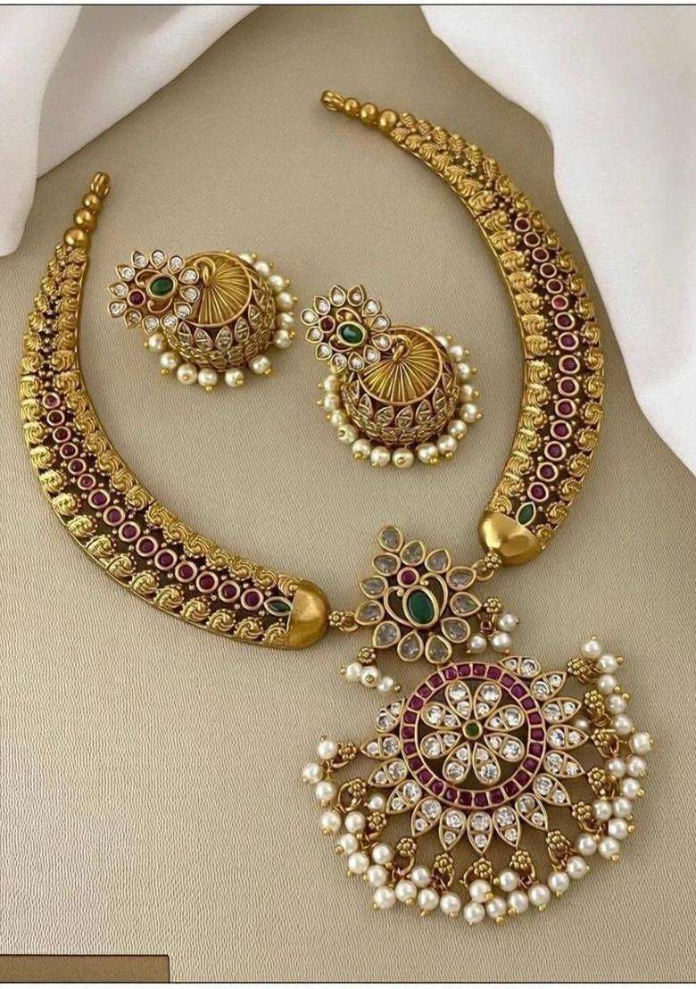 Gold-Plated Temple Necklace and Earrings for Women | Traditional Temple Jewellery for Wedding & Festive Wear | Gift for Her - Indya