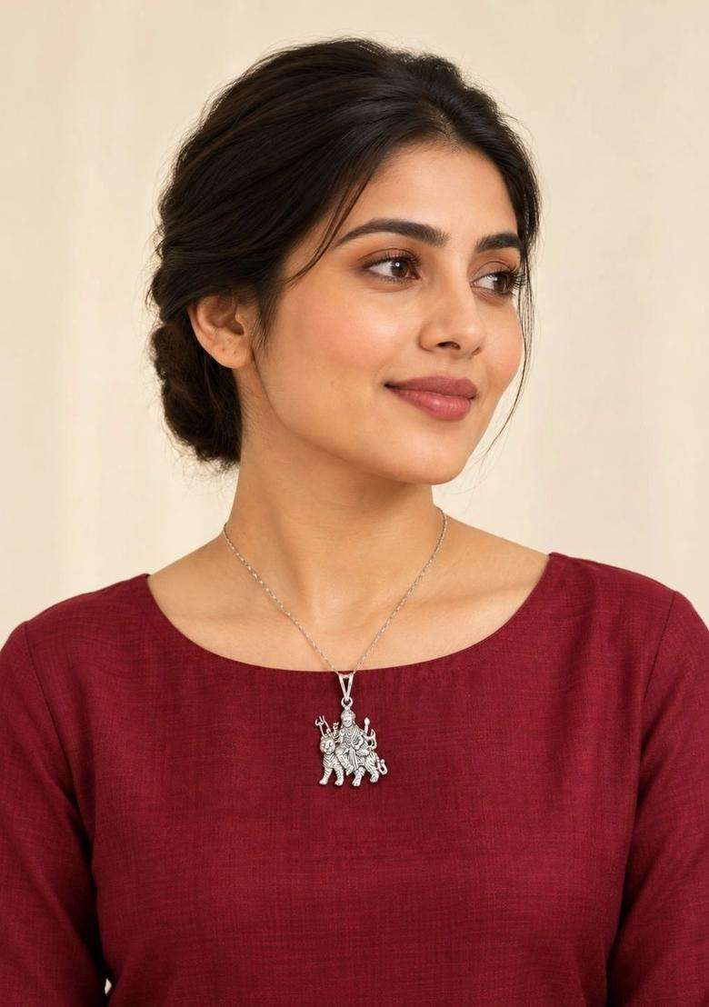 Pure Silver Durga Pendant for Men & Women | Traditional Temple Jewellery for Wedding & Festive Wear | Festive Gift - Indya
