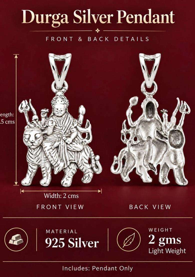 Pure Silver Durga Pendant for Men & Women | Traditional Temple Jewellery for Wedding & Festive Wear | Festive Gift - Indya