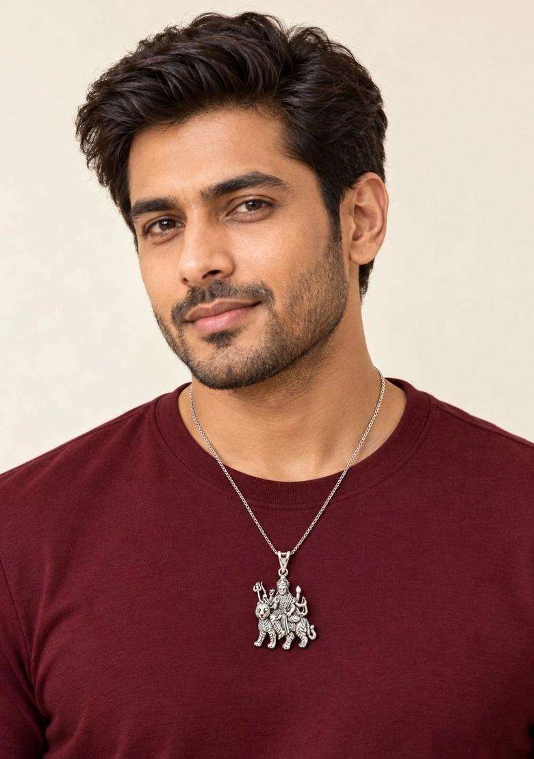 Pure Silver Durga Pendant for Men & Women | Traditional Temple Jewellery for Wedding & Festive Wear | Festive Gift - Indya