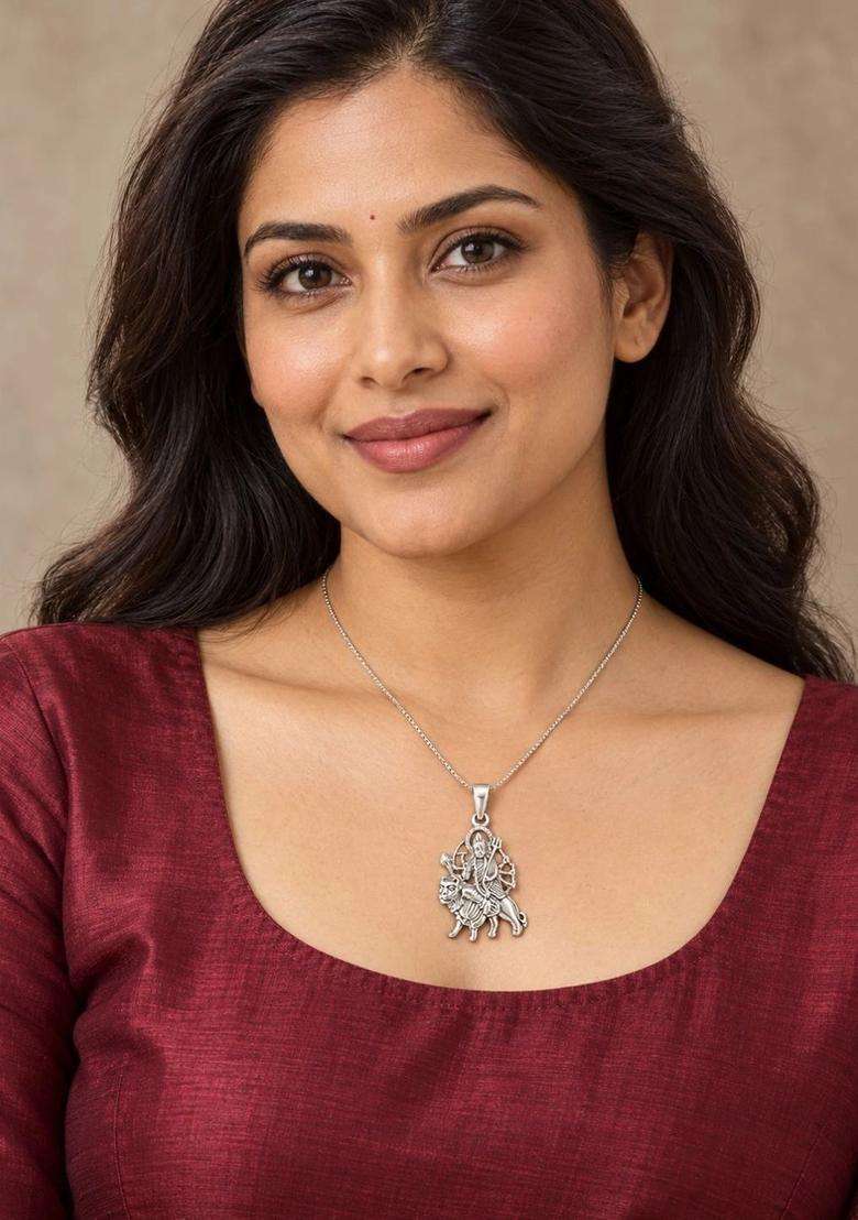 Silver Divine Durga Pendant for Men & Women | Traditional Temple Jewellery for Wedding & Festive Wear | Festive Gift - Indya
