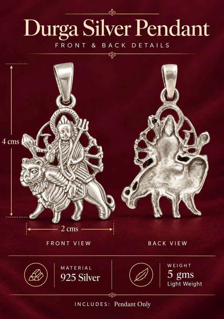 Silver Divine Durga Pendant for Men & Women | Traditional Temple Jewellery for Wedding & Festive Wear | Festive Gift - Indya