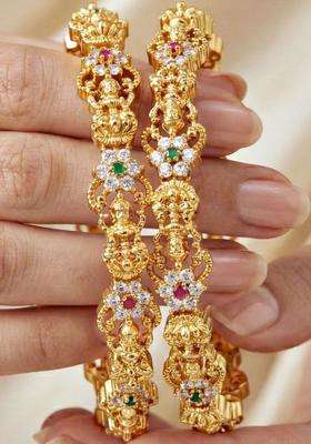 Green Set of 2 Gold-Plated Temple American Diamond Bangle for Women | Traditional Temple Jewellery for Wedding & Festive Wear | Gift for Her