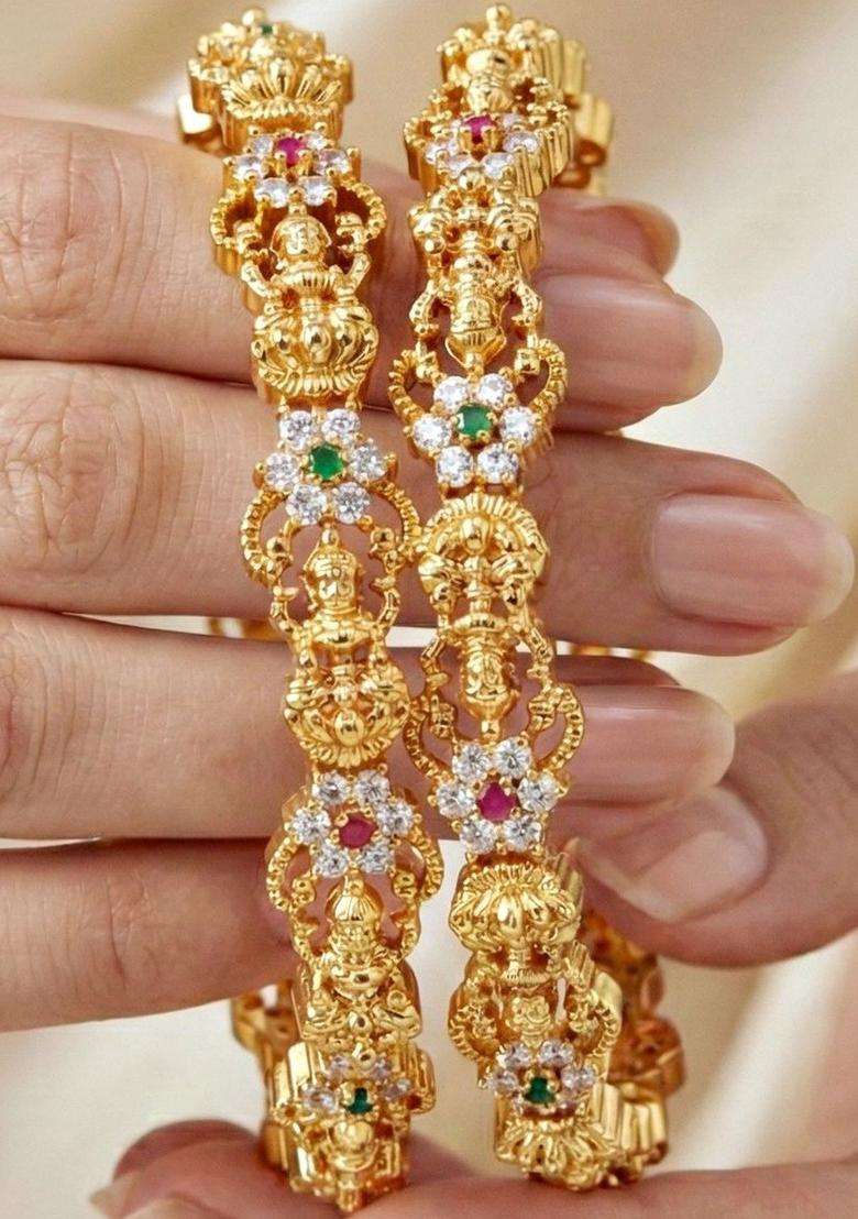Green Set of 2 Gold-Plated Temple American Diamond Bangle for Women | Traditional Temple Jewellery for Wedding & Festive Wear | Gift for Her - Indya