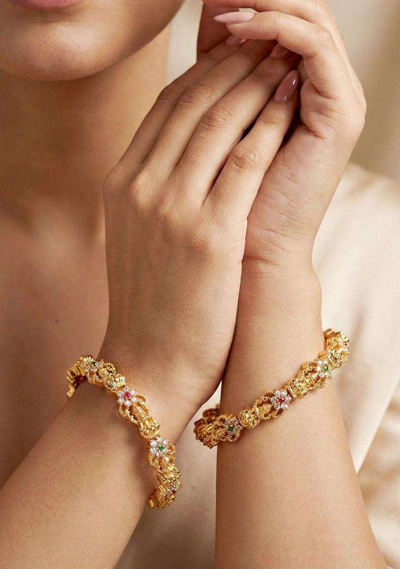 Green Set of 2 Gold-Plated Temple American Diamond Bangle for Women | Traditional Temple Jewellery for Wedding & Festive Wear | Gift for Her - Indya