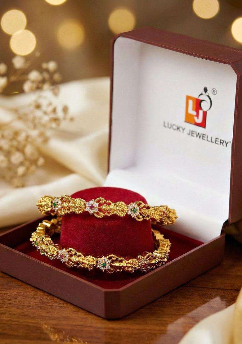 Green Set of 2 Gold-Plated Temple American Diamond Bangle for Women | Traditional Temple Jewellery for Wedding & Festive Wear | Gift for Her - Indya