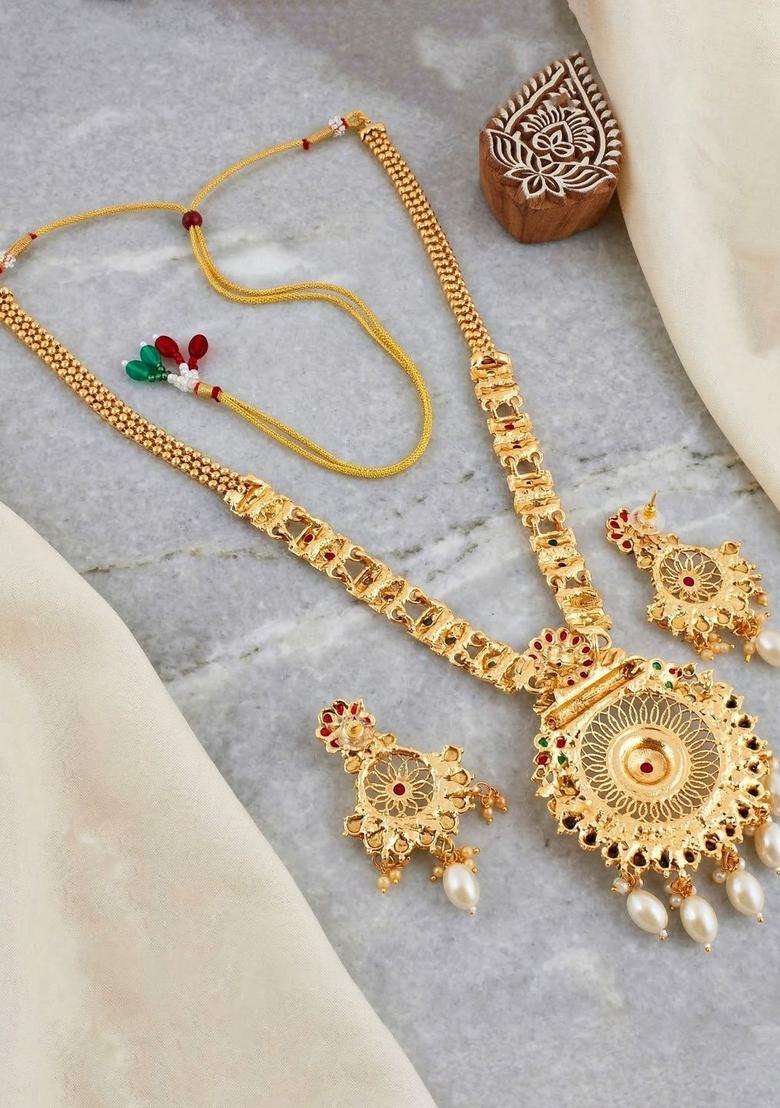 Gold-Plated Temple Necklace and Earrings for Women | Traditional Temple Jewellery for Wedding & Festive Wear | Gift for Her - Indya