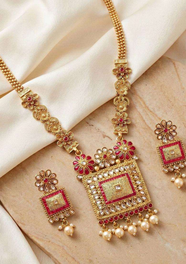 Gold-Plated Temple Necklace and Earrings for Women | Traditional Temple Jewellery for Wedding & Festive Wear | Gift for Her - Indya