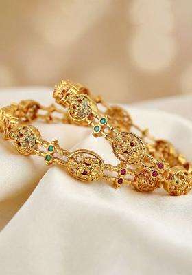 Green Set of 2 Gold-Plated Temple American Diamond Bangle for Women | Traditional Temple Jewellery for Wedding & Festive Wear | Gift for Her