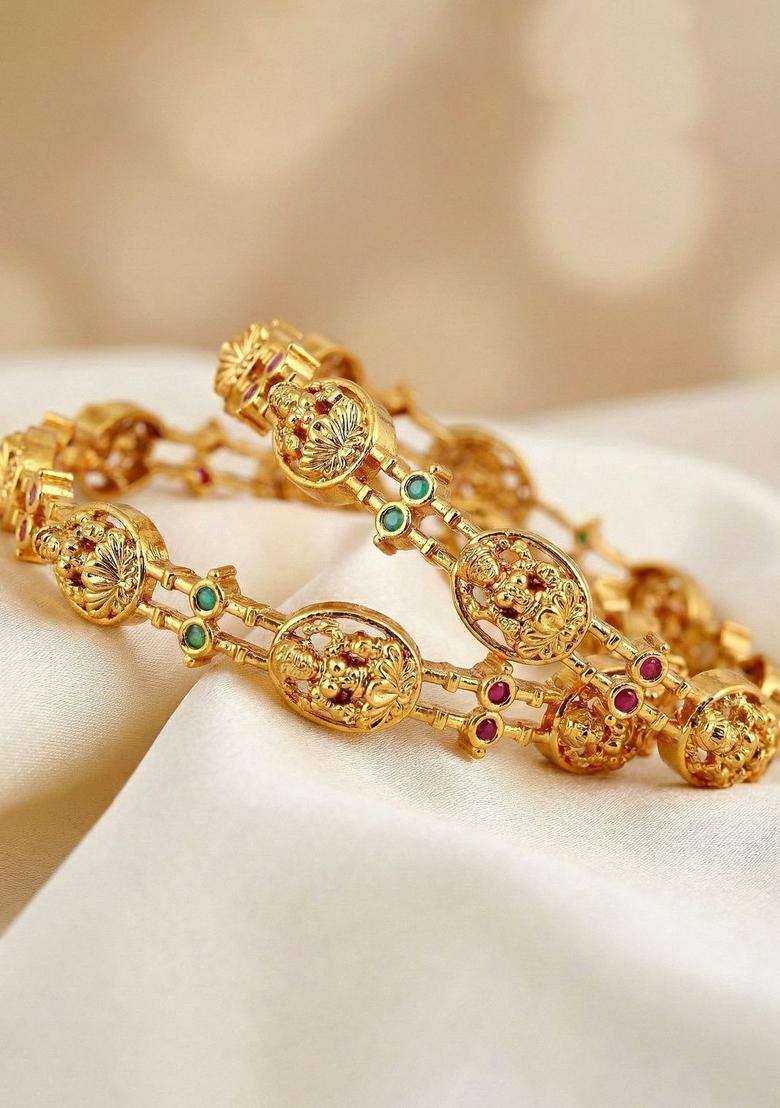 Green Set of 2 Gold-Plated Temple American Diamond Bangle for Women | Traditional Temple Jewellery for Wedding & Festive Wear | Gift for Her - Indya