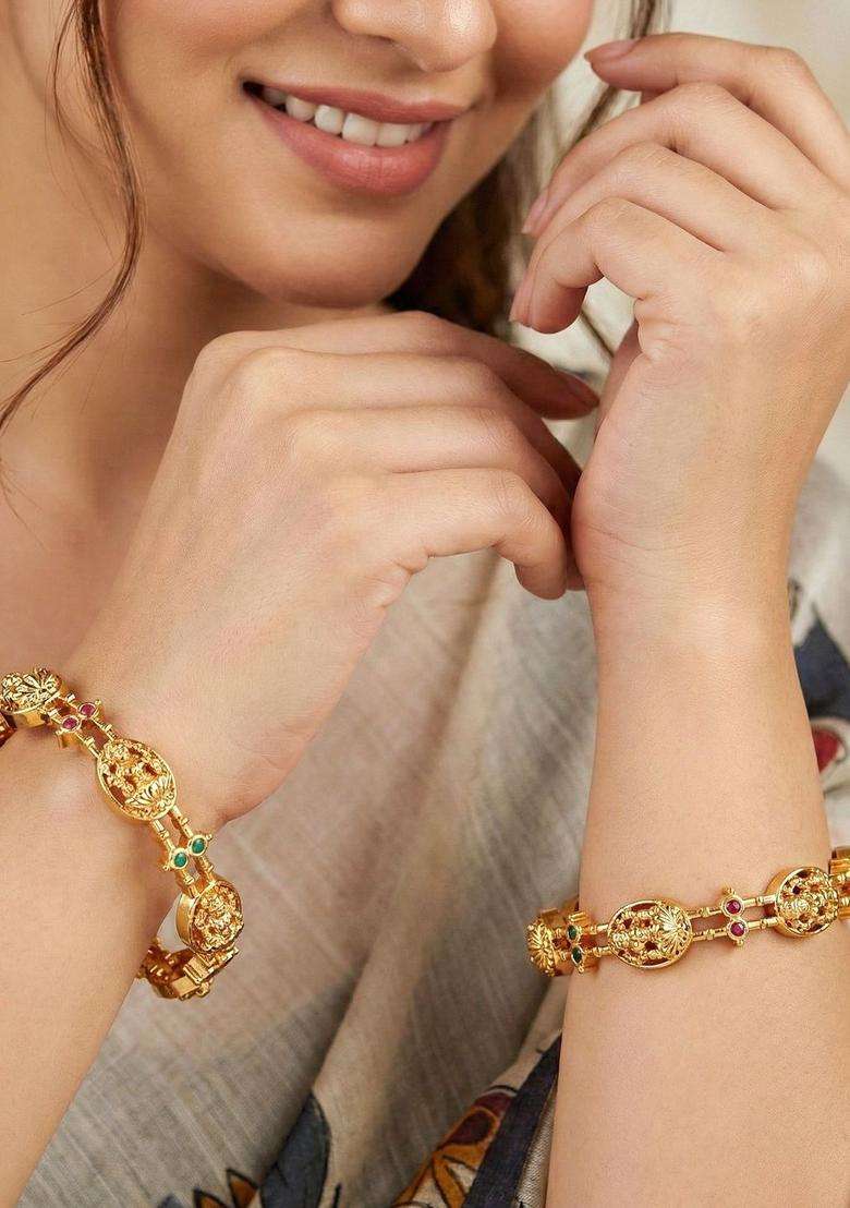 Green Set of 2 Gold-Plated Temple American Diamond Bangle for Women | Traditional Temple Jewellery for Wedding & Festive Wear | Gift for Her - Indya